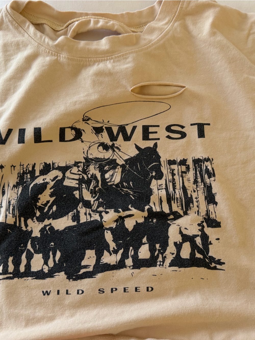Wild West distressed Graphic Tee in Beige with Black Print crop top